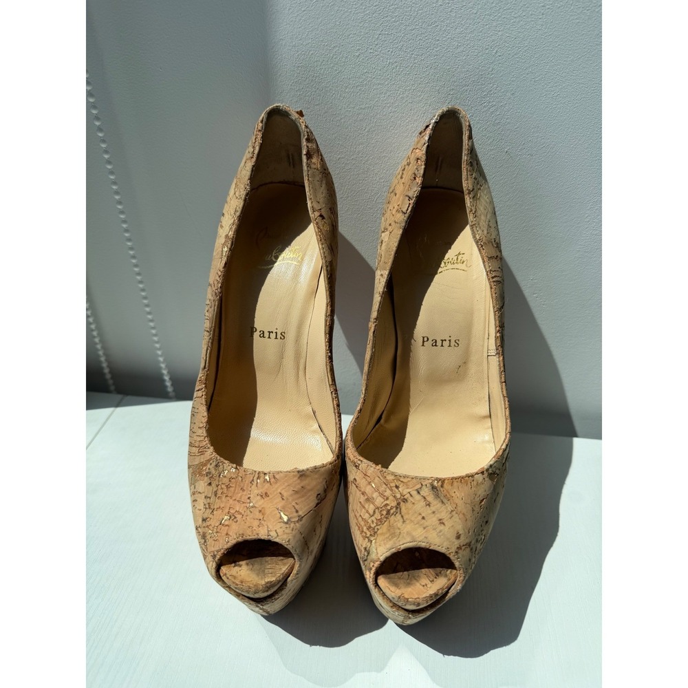 Christian Louboutin Lady Peep Cork Gold Fleck Platform Pumps Tan Red Bottom 38.5